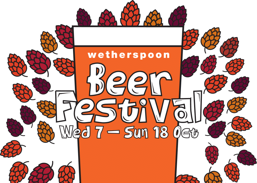 Artistic illustration of a beer class surrounded by pinecones, with overlaid text. Wetherspoon Beer Festival Wednesday 7th October to Sunday 18th October 2026